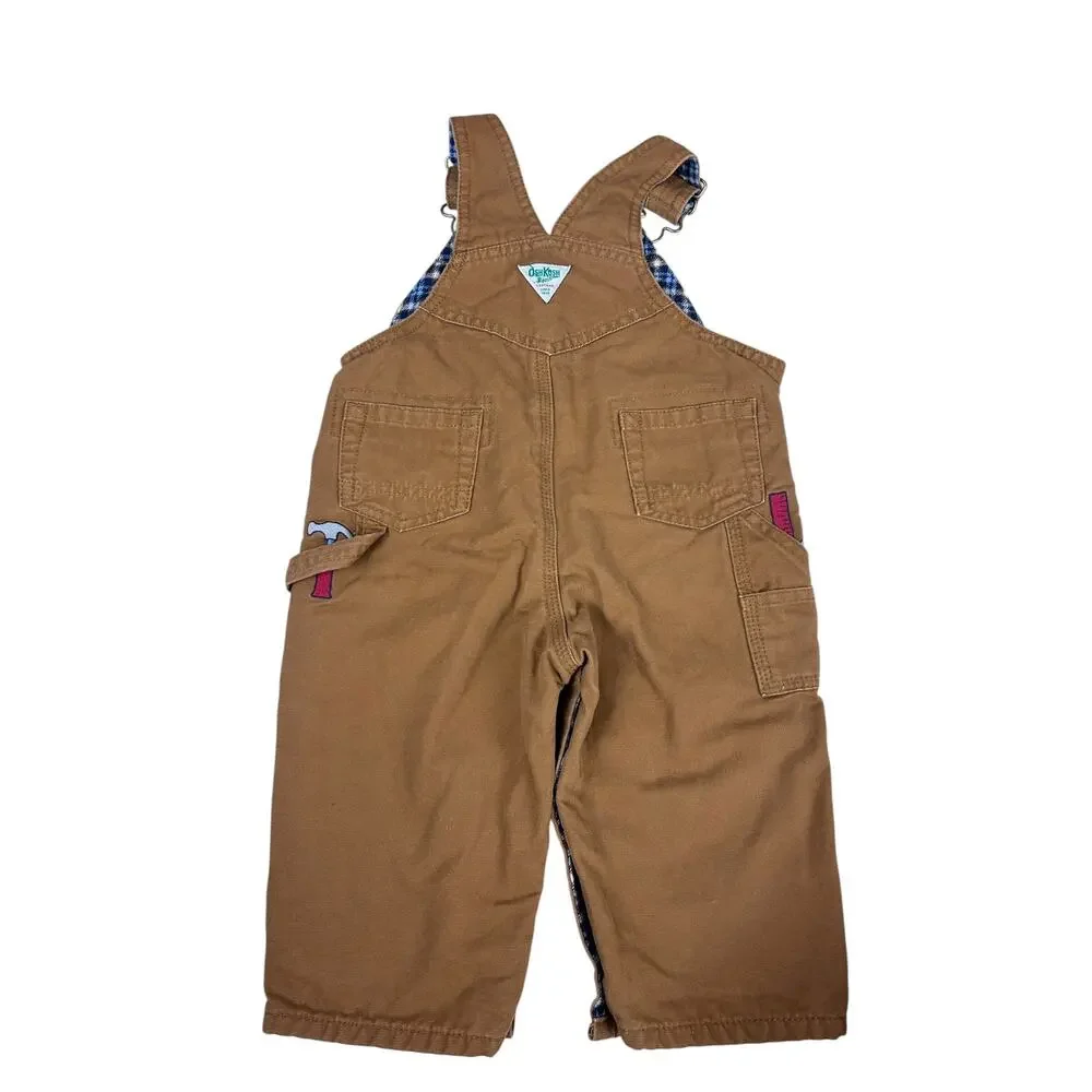 Oshkosh B'Gosh Khaki Denim Blue Plaid Flece Lined Coverall Overalls 6/9 Months